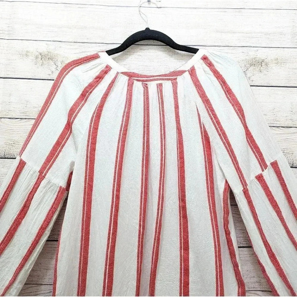 Gap Women's Size M Split Neck Blouse Frame Zen Red Stripe Beige Long Sleeve Top. - Picture 9 of 10